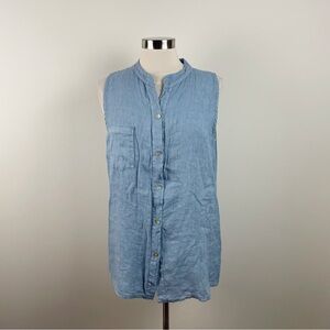 Tina Stephens Solid Light Blue Linen Blend Button Front Top Italy New Women